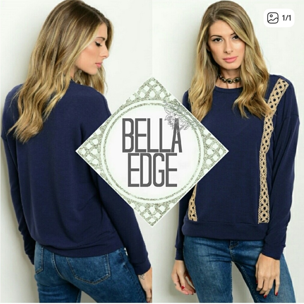 Navy and Tan Crochet Pullover Sweater